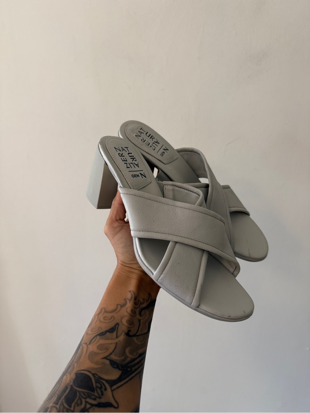 Naturalizer Light Gray Crisscross Block Heel Mules